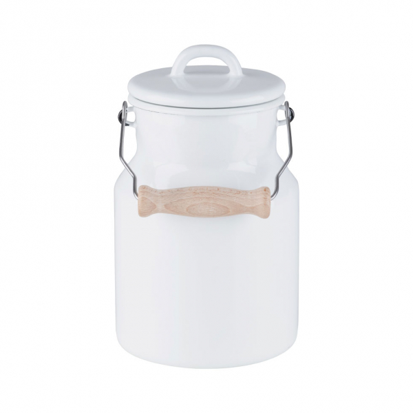 Grandma's milk can with enamel lid and wooden handle, Classic white